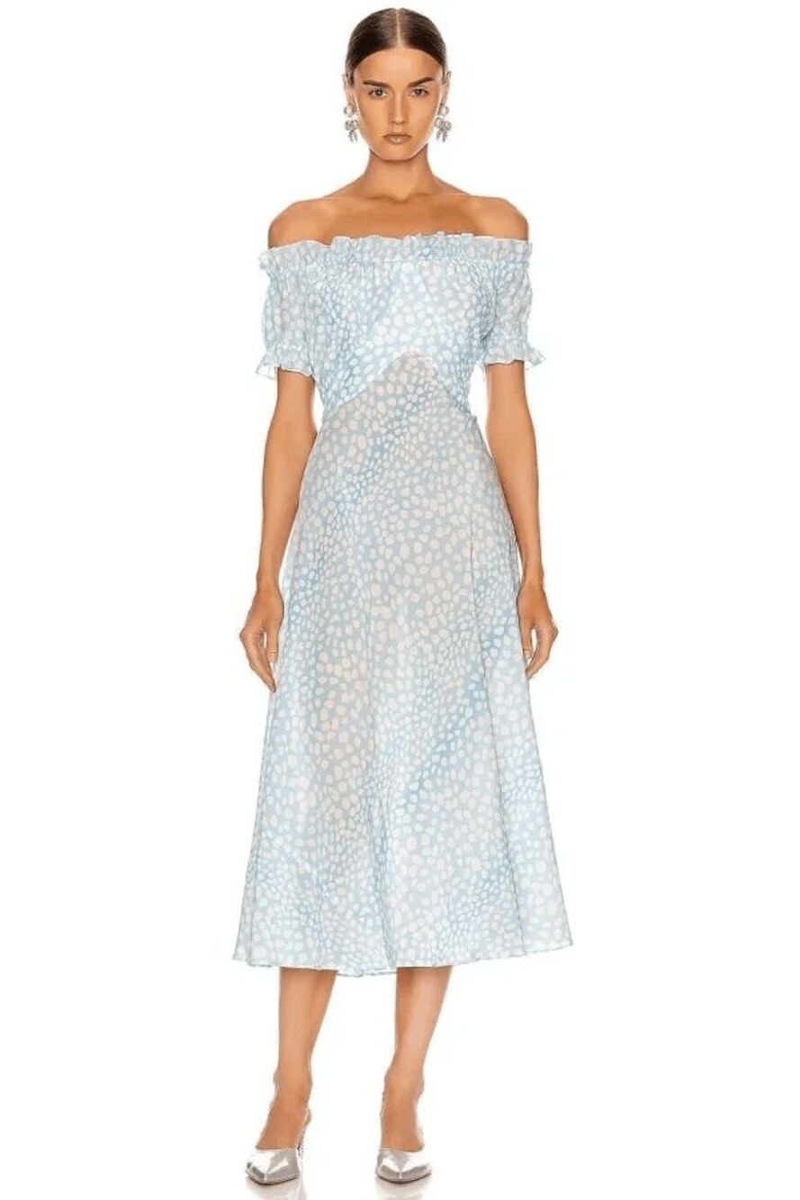 Rixo Sky Blue Printed Ruffled Off-The-Shoulder Midi Dress Women's Size XL